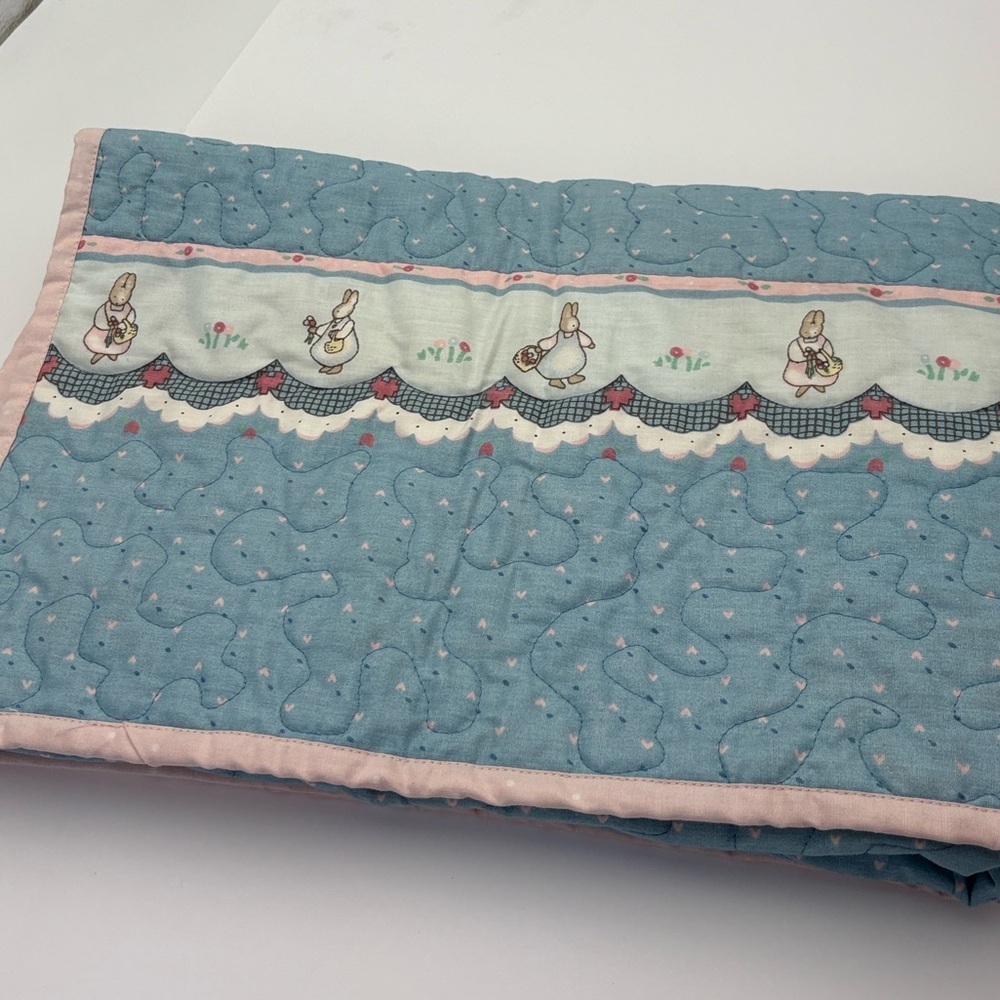 Adorable Pink and Baby Blue Quilted Bunny Trim Baby Blanket
